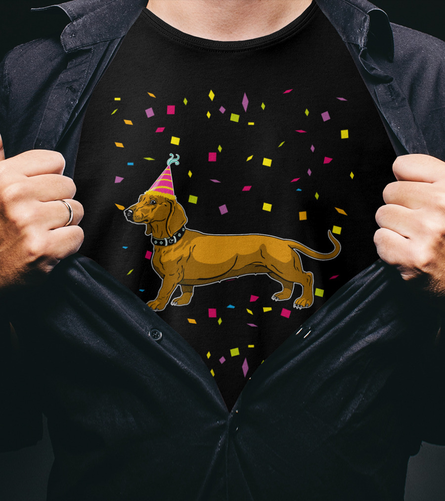 Funny Dachshund Birthday Party With Confetti And Party Hat T-Shirt