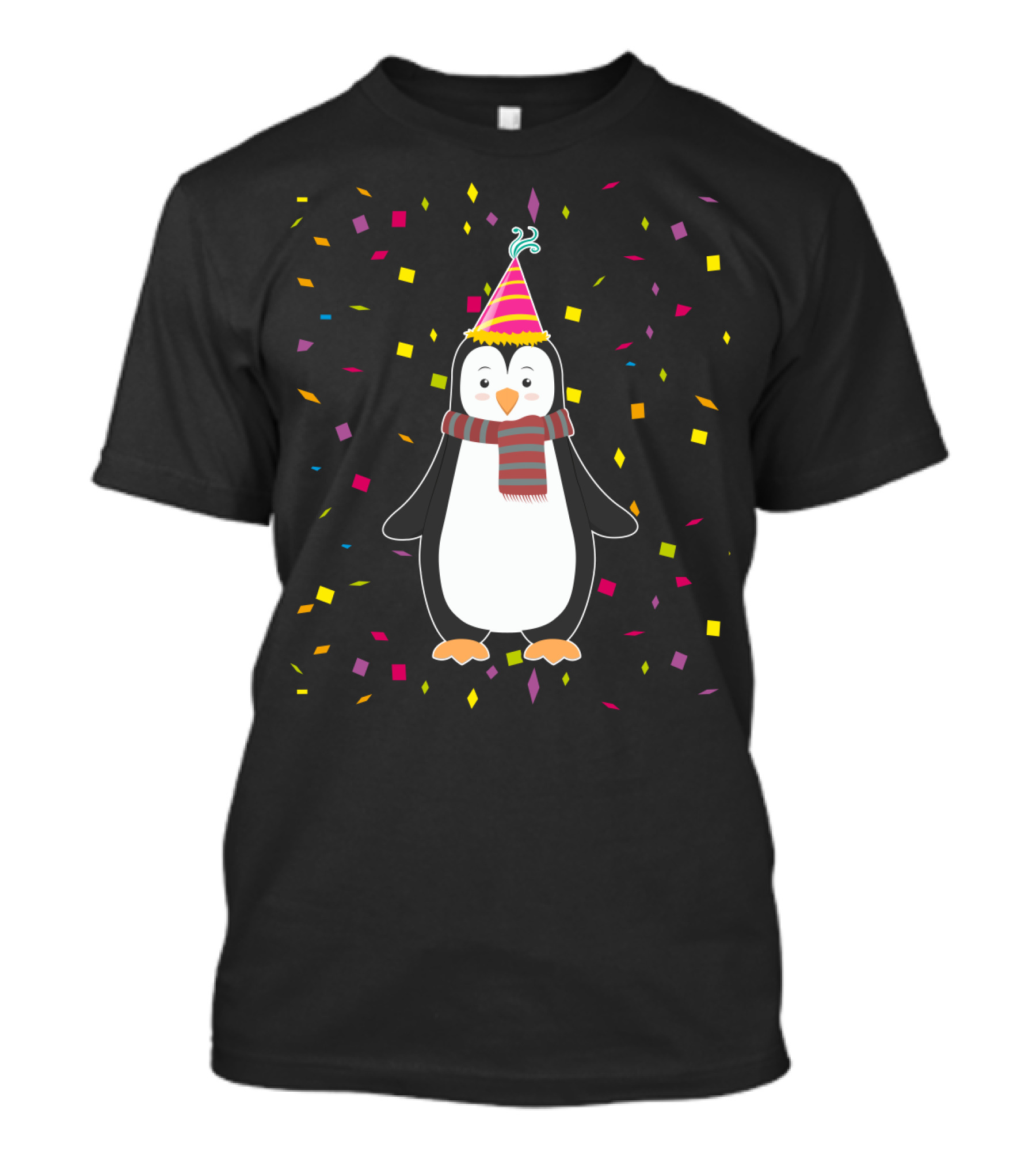 Funny Penguin Birthday Confetti Celebration With Party Hat And Scarf T-Shirt