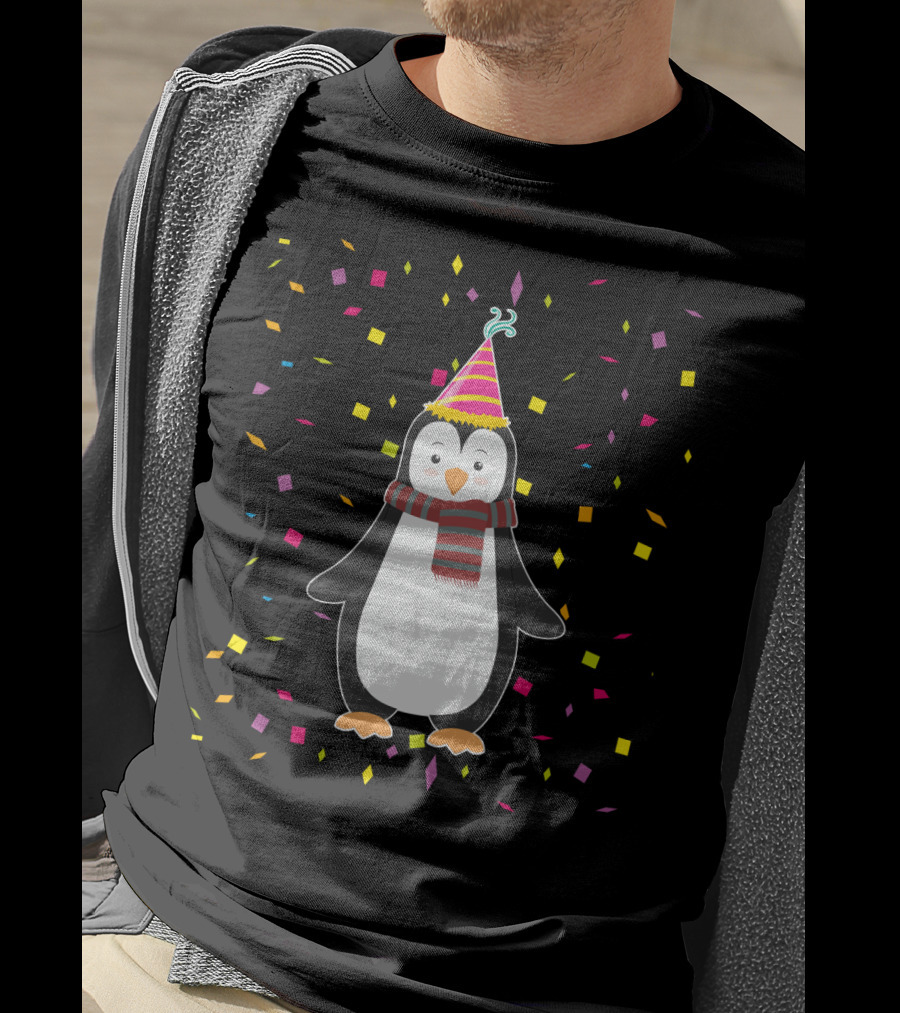 Funny Penguin Birthday Confetti Celebration With Party Hat And Scarf T-Shirt