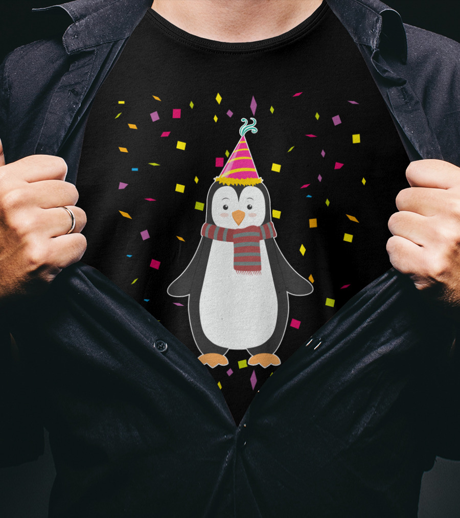 Funny Penguin Birthday Confetti Celebration With Party Hat And Scarf T-Shirt