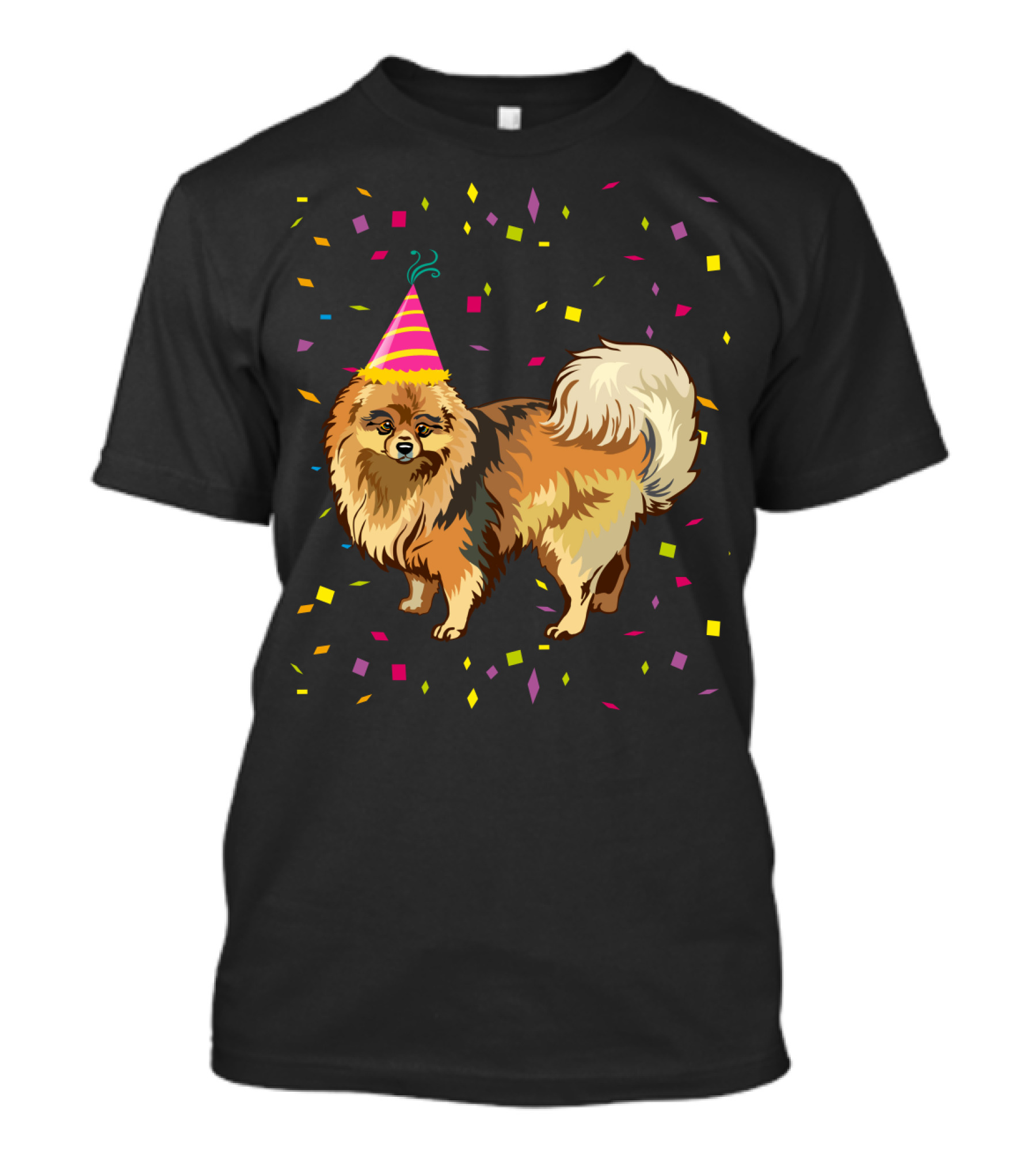Pomeranian Birthday Party Funny Dog With Confetti And Party Hat T-Shirt