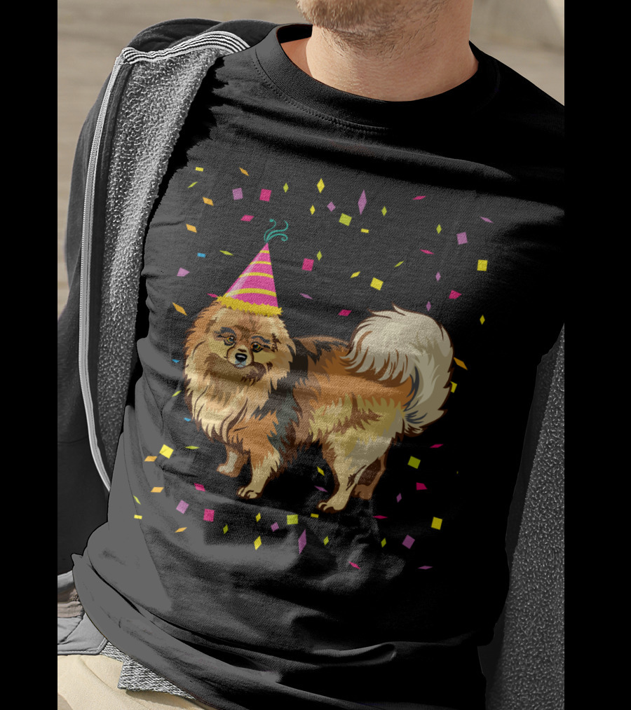 Pomeranian Birthday Party Funny Dog With Confetti And Party Hat T-Shirt