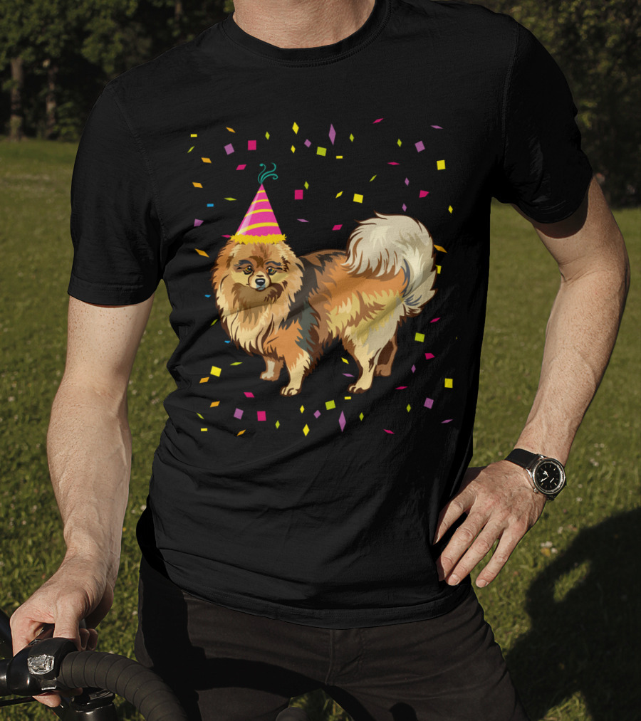 Pomeranian Birthday Party Funny Dog With Confetti And Party Hat T-Shirt