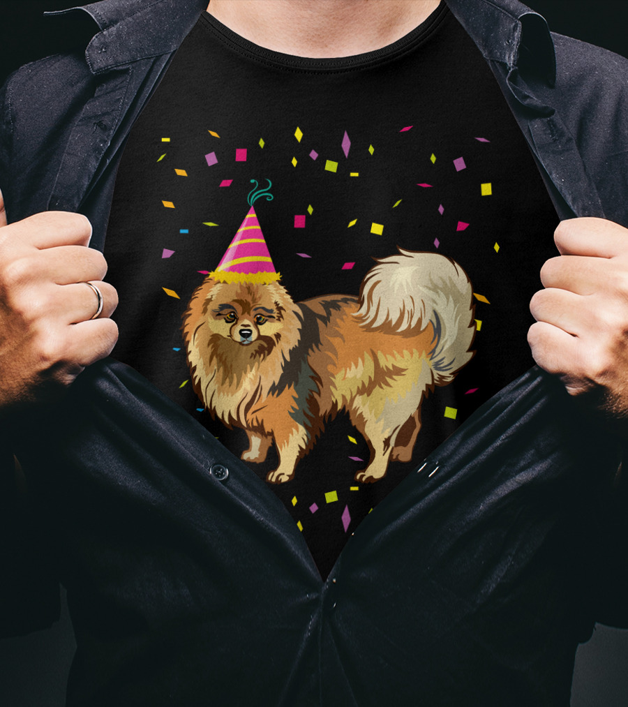 Pomeranian Birthday Party Funny Dog With Confetti And Party Hat T-Shirt