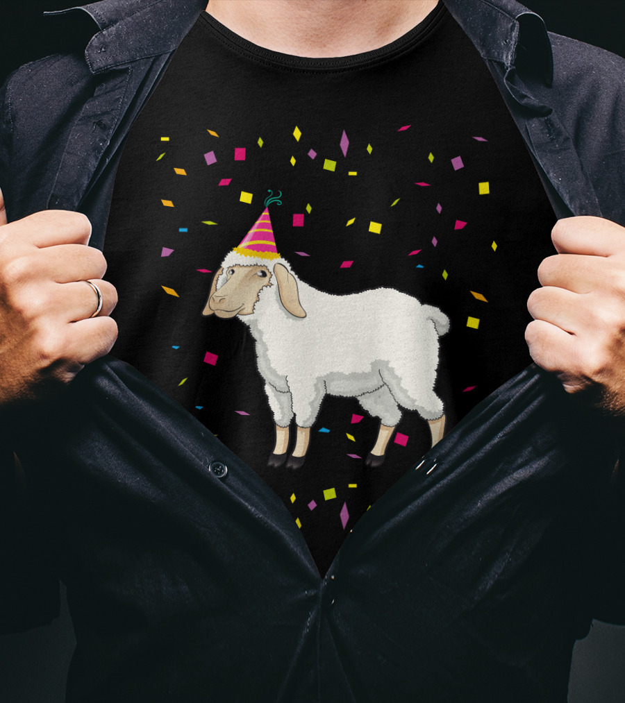 Funny Birthday Sheep With Party Hat And Confetti T-Shirt