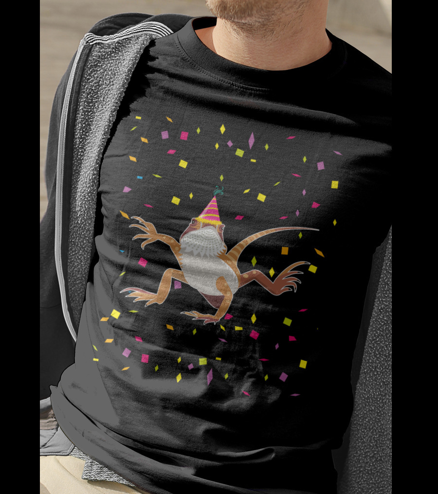 Colorful Confetti Party Hat Bearded Dragon Birthday T-Shirt