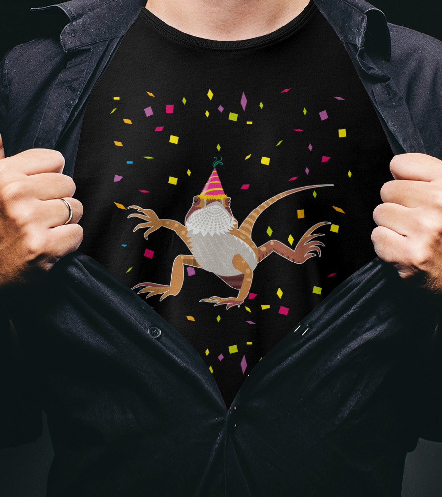 Colorful Confetti Party Hat Bearded Dragon Birthday T-Shirt