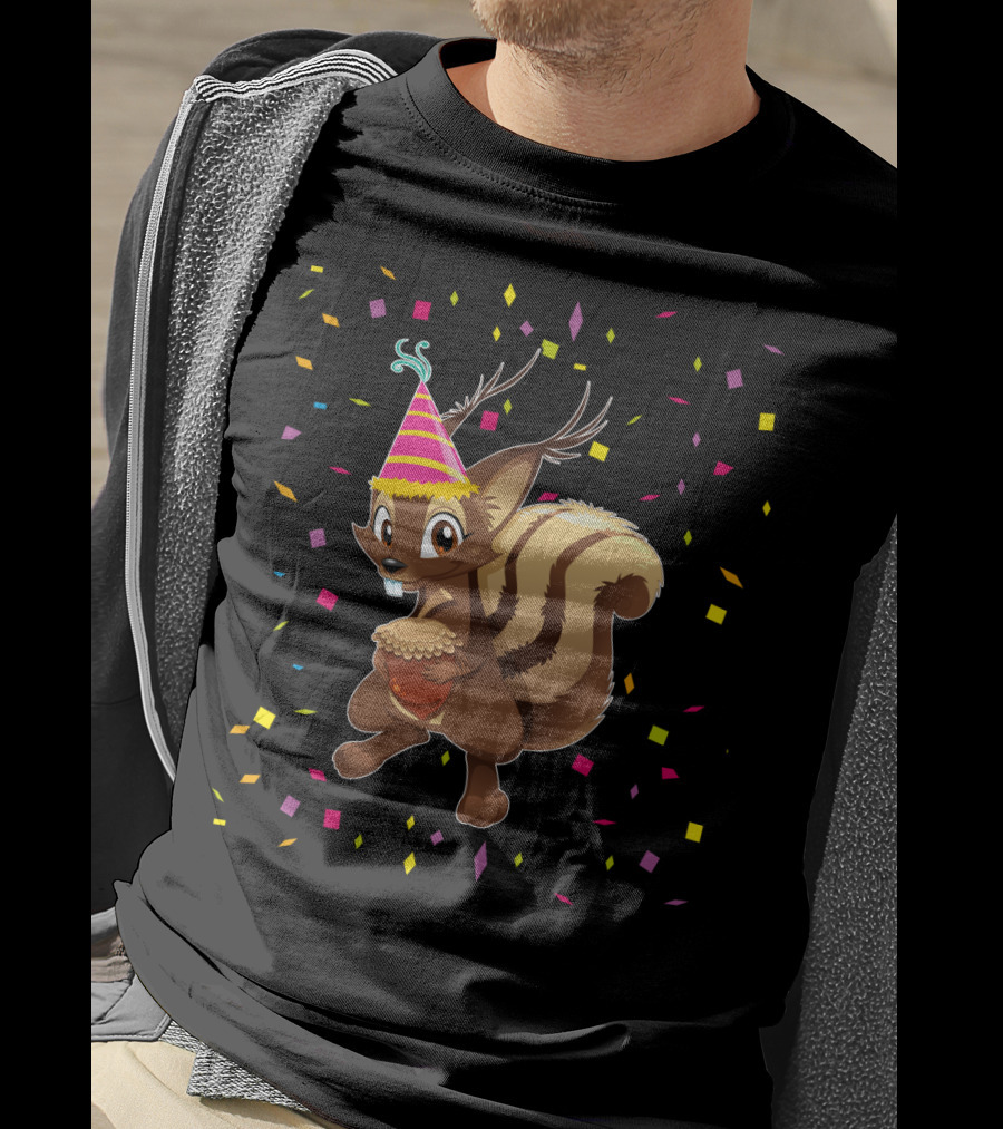 Funny Squirrel Party Hat Holding Acorn Birthday Confetti T-Shirt