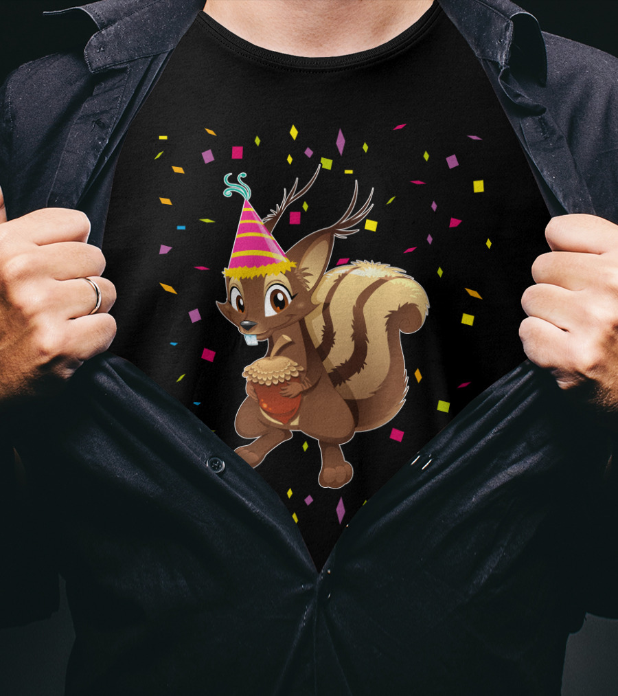 Funny Squirrel Party Hat Holding Acorn Birthday Confetti T-Shirt