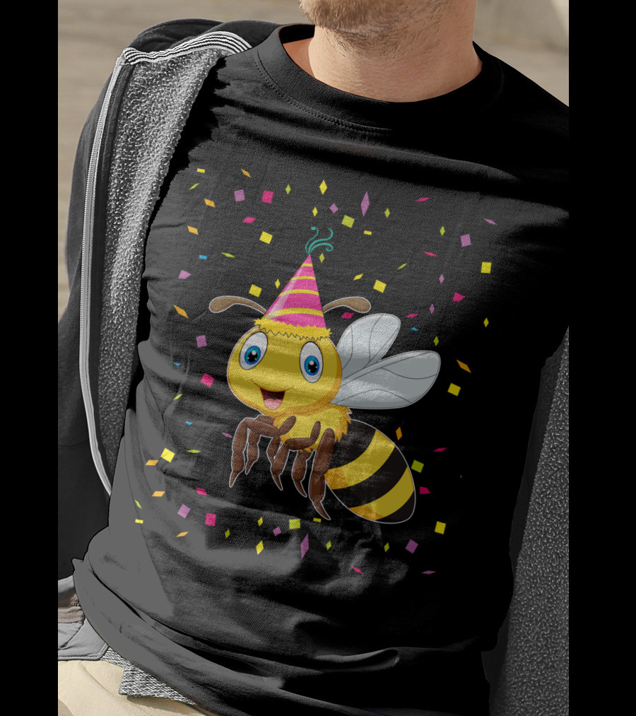 Funny Bee Birthday With Confetti And Party Hat T-Shirt