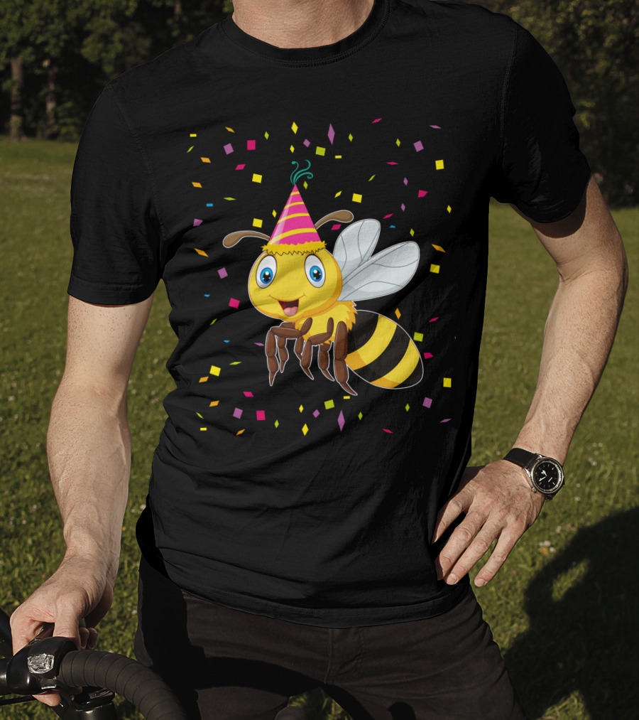 Funny Bee Birthday With Confetti And Party Hat T-Shirt