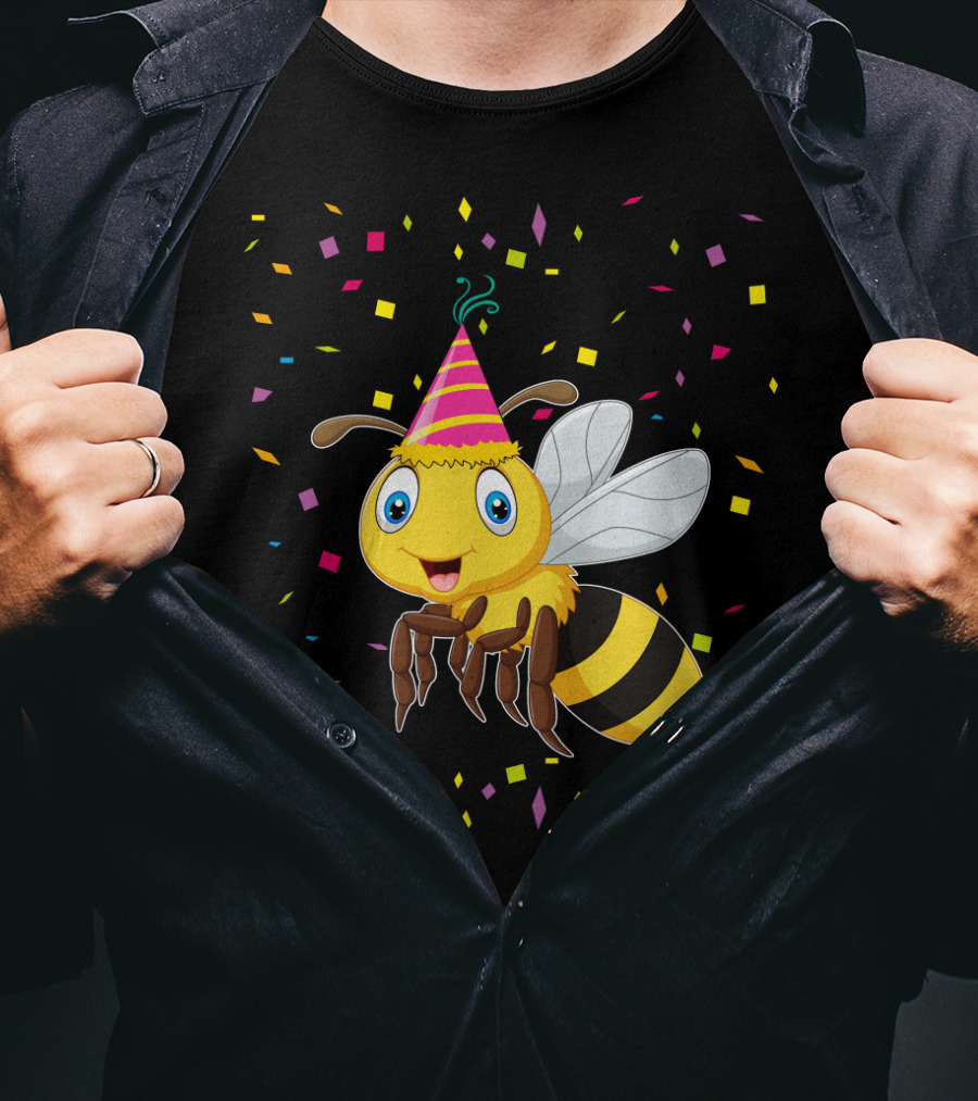 Funny Bee Birthday With Confetti And Party Hat T-Shirt