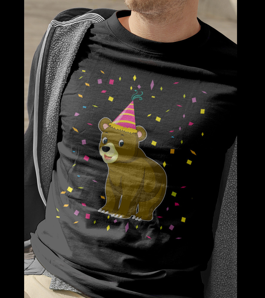 Funny Bear Birthday Party Hat Festive Confetti T-Shirt