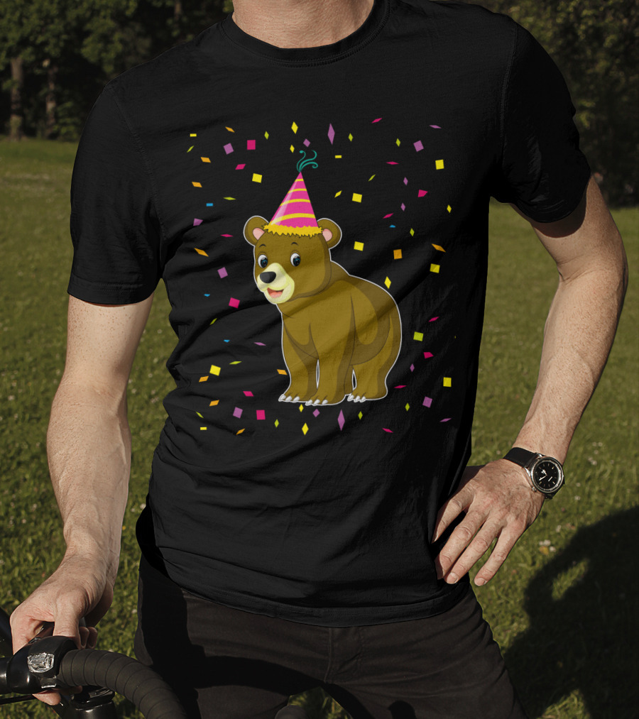 Funny Bear Birthday Party Hat Festive Confetti T-Shirt