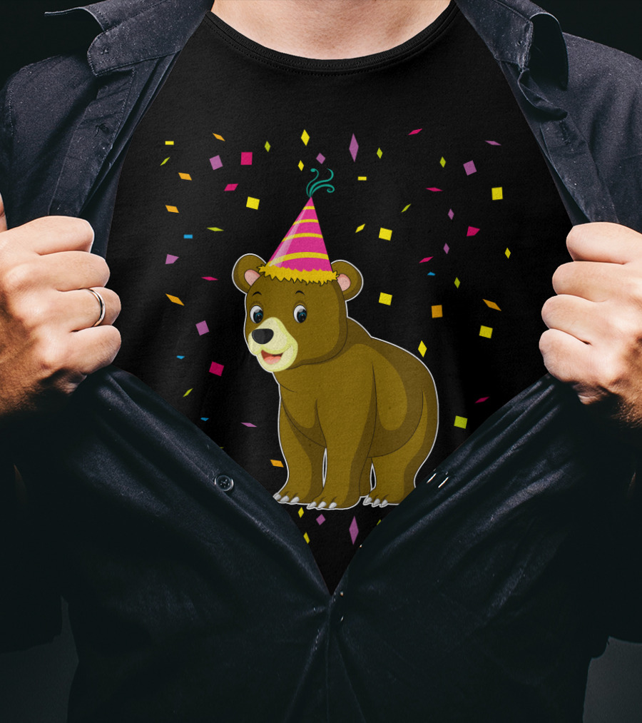 Funny Bear Birthday Party Hat Festive Confetti T-Shirt
