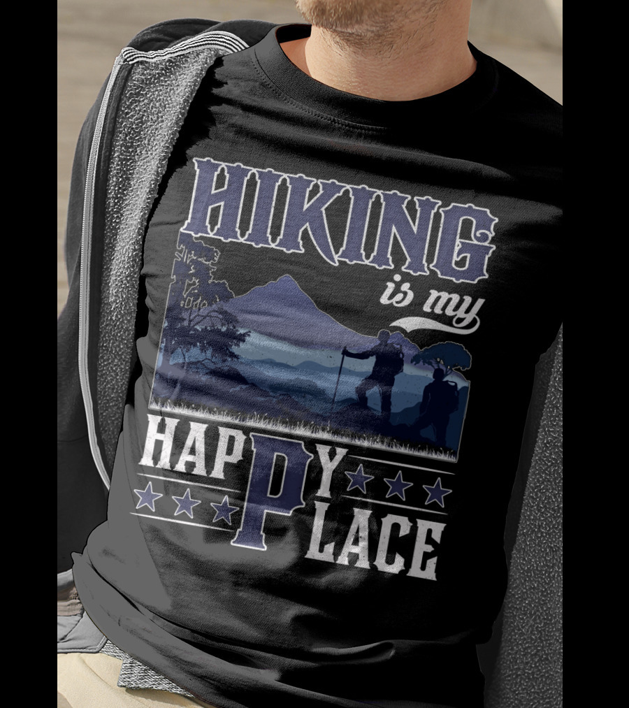 Hiking Is My Happy Place Mountain Silhouette Adventure T-Shirt
