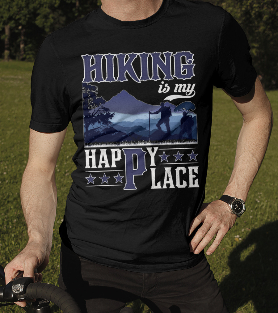 Hiking Is My Happy Place Mountain Silhouette Adventure T-Shirt