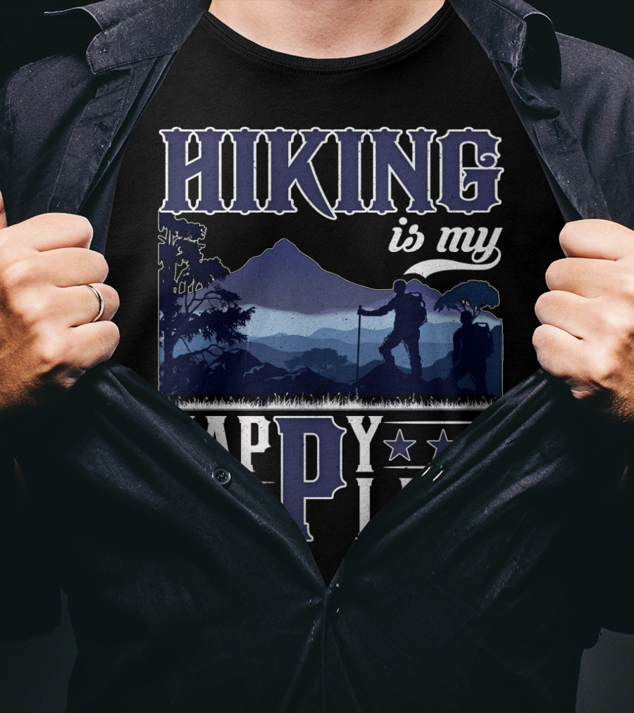 Hiking Is My Happy Place Mountain Silhouette Adventure T-Shirt
