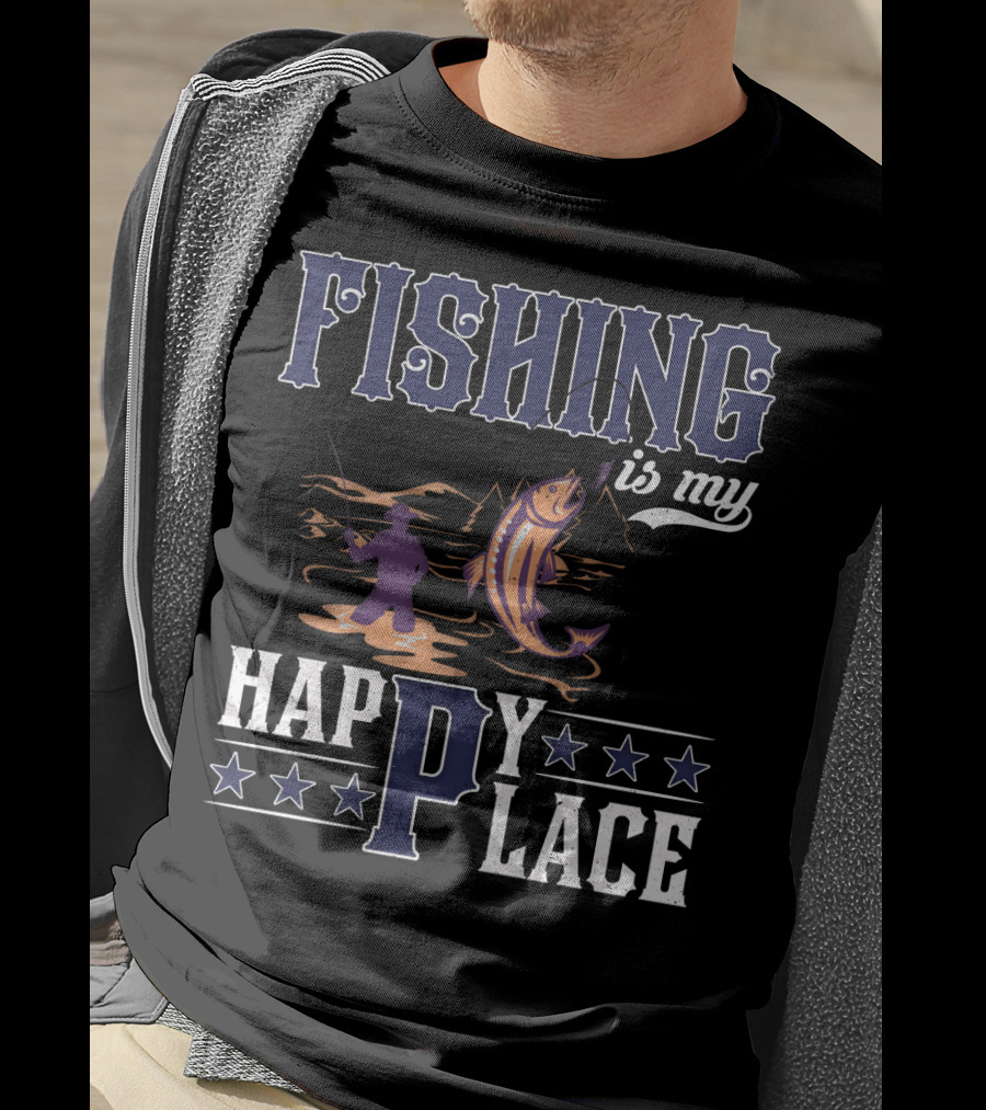 Fishing Is My Happy Place With Angler And Fish T-Shirt