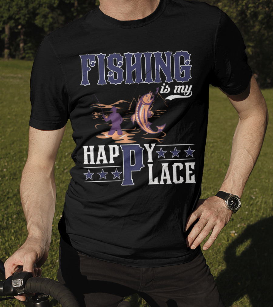 Fishing Is My Happy Place With Angler And Fish T-Shirt