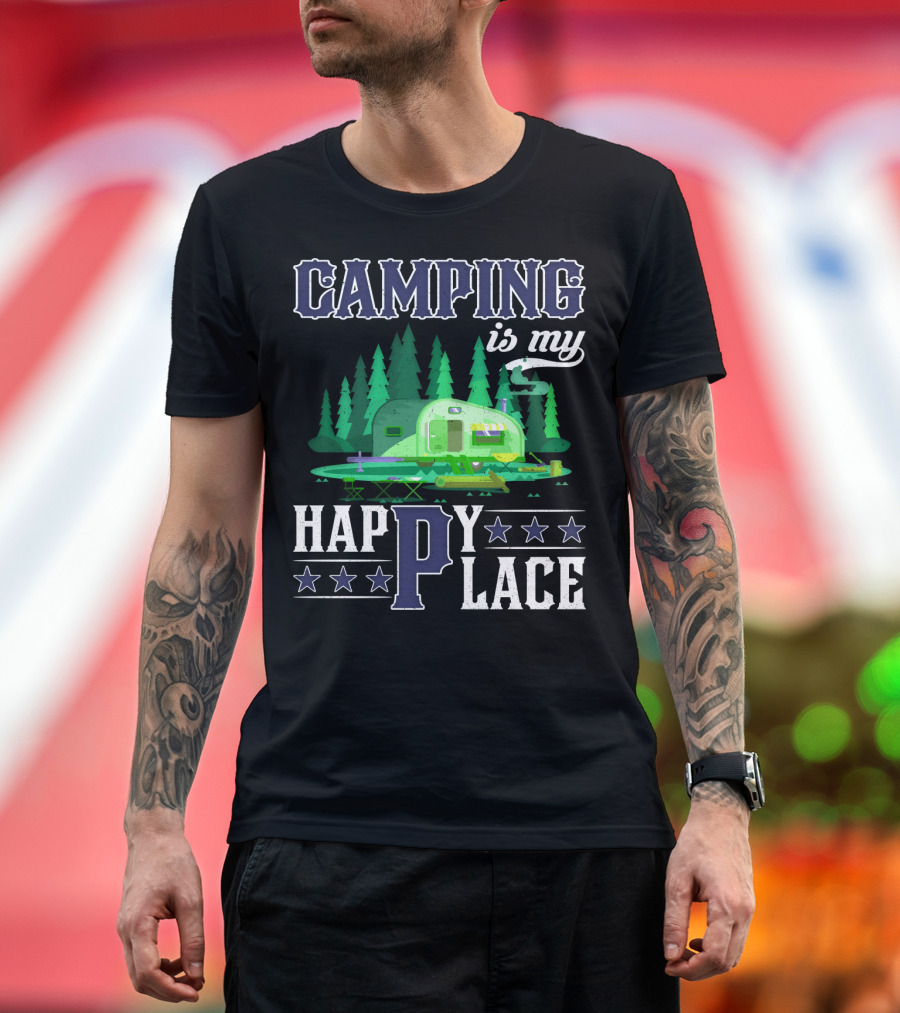 Camping Is My Happy Place Camper Forest Scene with Stars T-Shirt