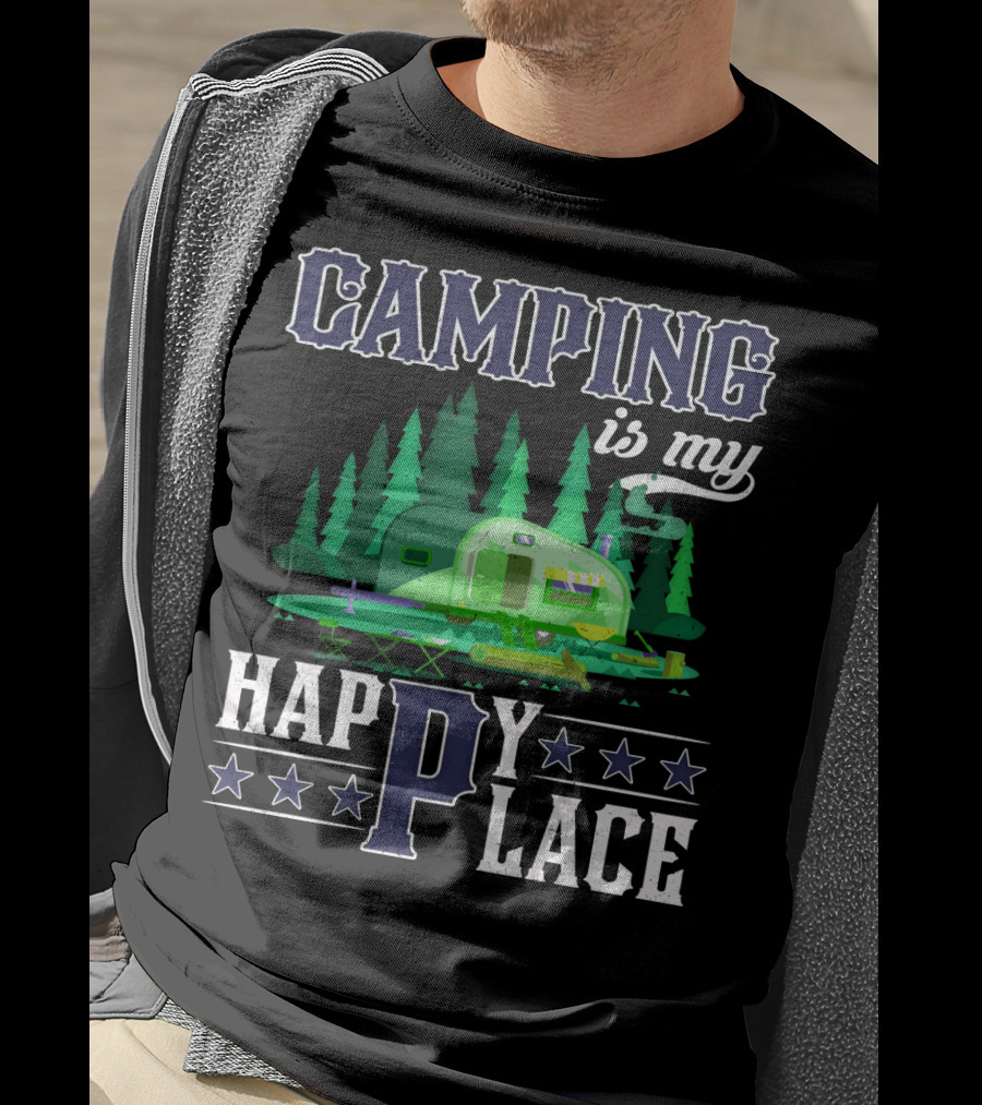 Camping Is My Happy Place Camper Forest Scene With Stars T-Shirt
