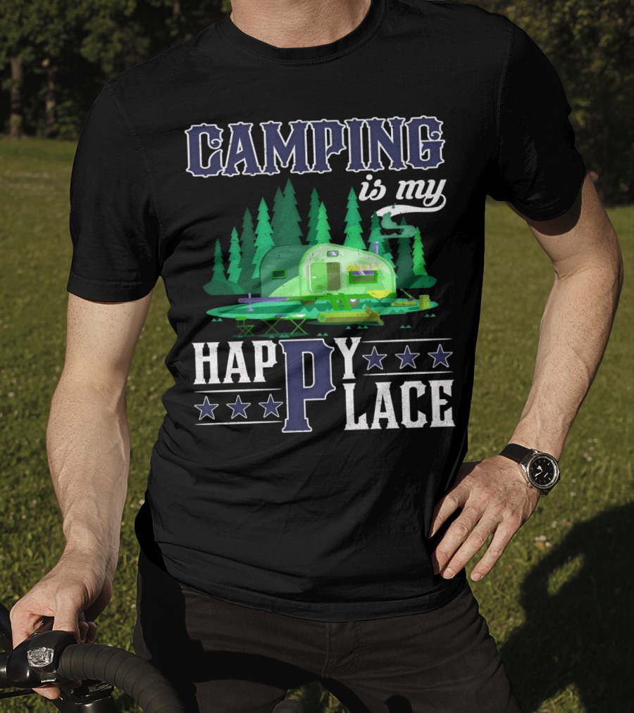 Camping Is My Happy Place Camper Forest Scene With Stars T-Shirt