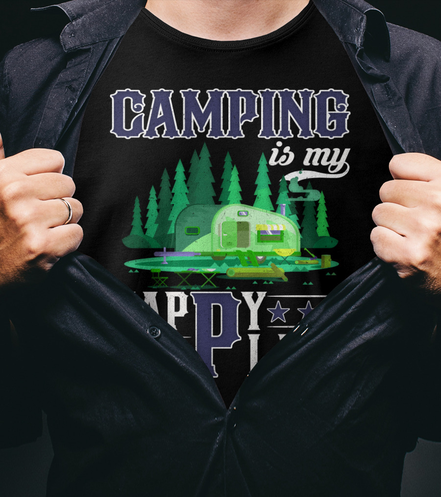 Camping Is My Happy Place Camper Forest Scene With Stars T-Shirt