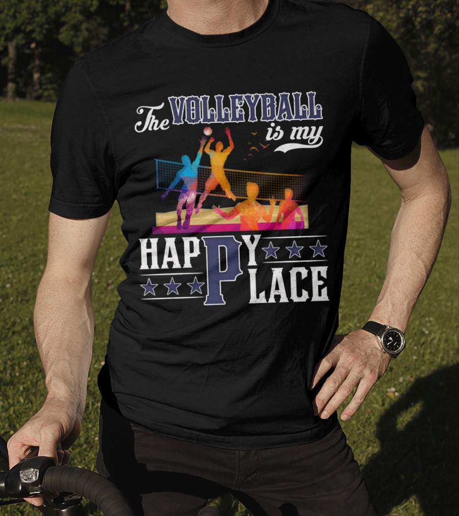 The Volleyball Is My Happy Place Colorful Players Action Scene T-Shirt