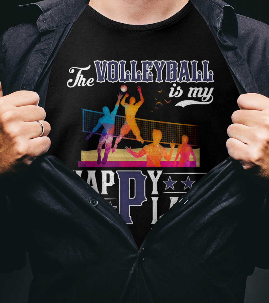 The Volleyball Is My Happy Place Colorful Players Action Scene T-Shirt