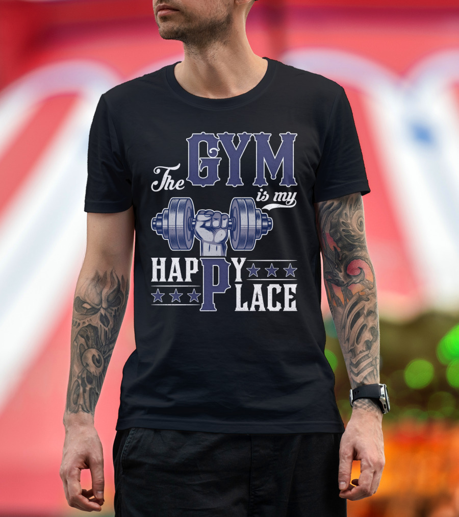 The Gym Is My Happy Place with Dumbbell and Stars T-Shirt
