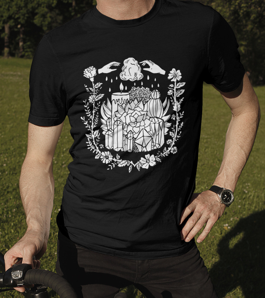 Crystals Succulents Candle Hand Magic Floral Border T-Shirt