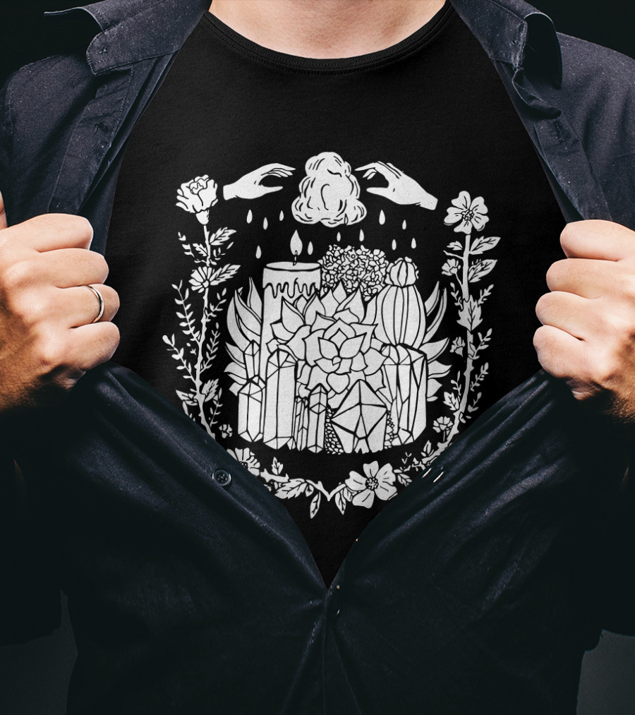 Crystals Succulents Candle Hand Magic Floral Border T-Shirt