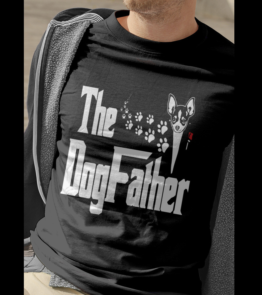 The Dogfather Chihuahua Face Pawprints Black And White For Chihuahua Lovers T-Shirt