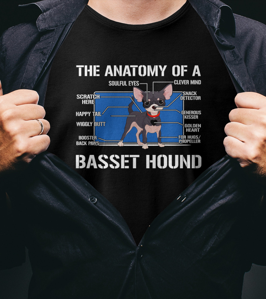 The Anatomy Of A Basset Hound Soulful Eyes Clever Mind Scratch Here Snack Detector Happy Tail Generous Kisser Wiggly Butt Golden Heart Booster Back Paws For Hugs Propeller T-Shirt