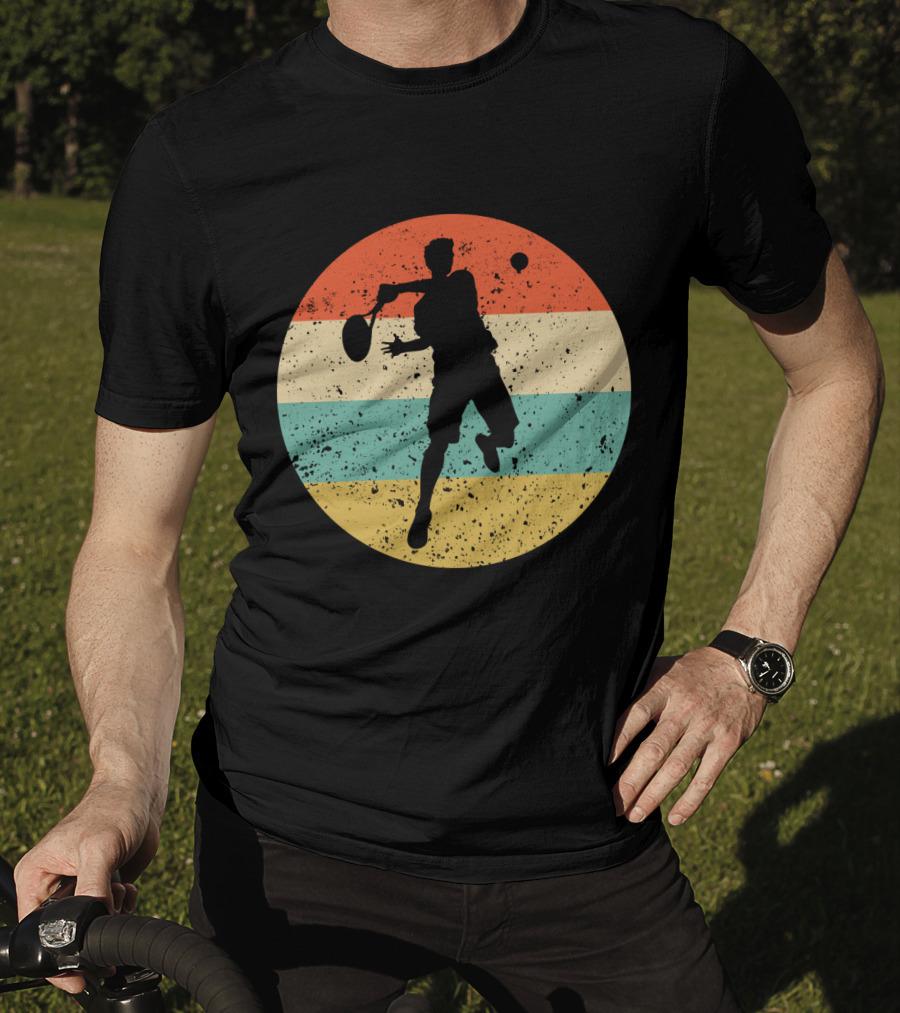 Vintage Retro Tennis Player Silhouette In Distressed Circle T-Shirt