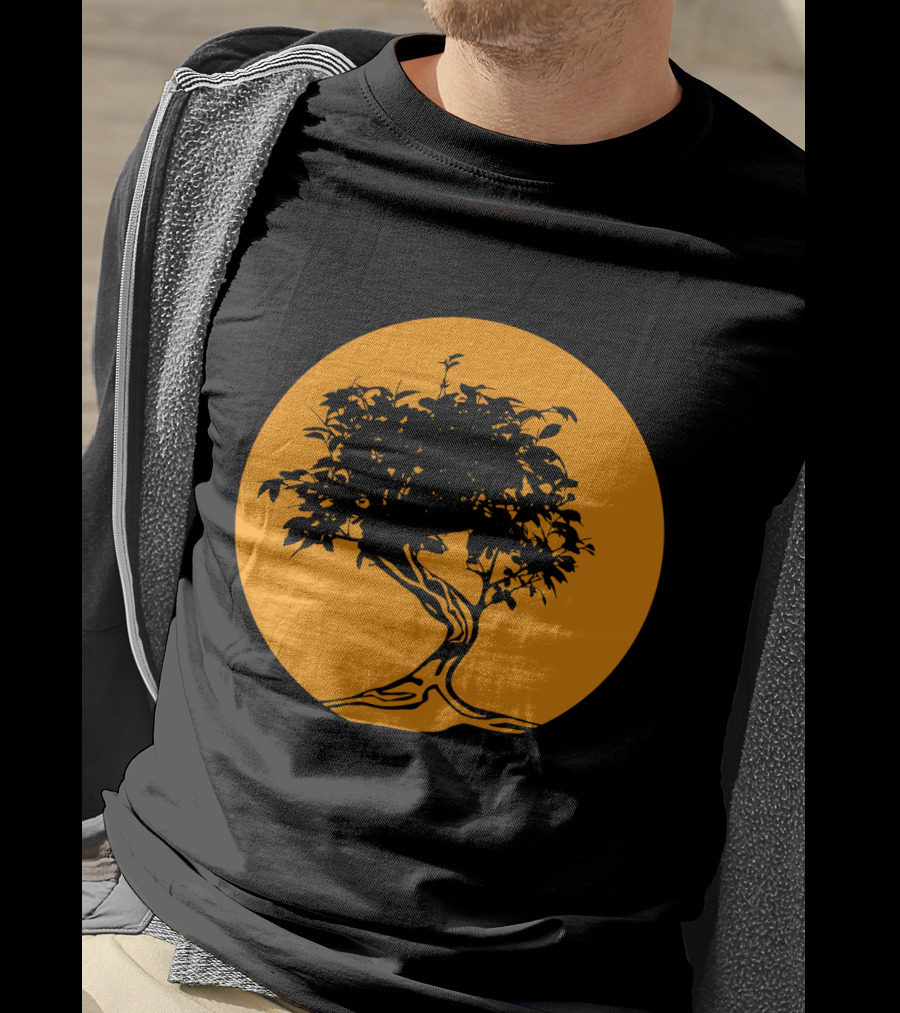 Bonsai Japan Yin Yang Monk Tree Silhouette Circle T-Shirt