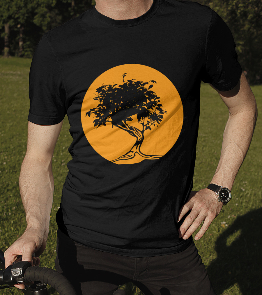 Bonsai Japan Yin Yang Monk Tree Silhouette Circle T-Shirt
