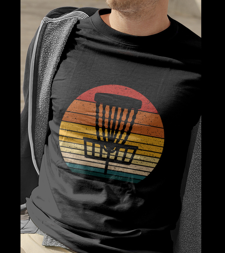 Retro Disc Golf Basket Sunset Stripes T-Shirt