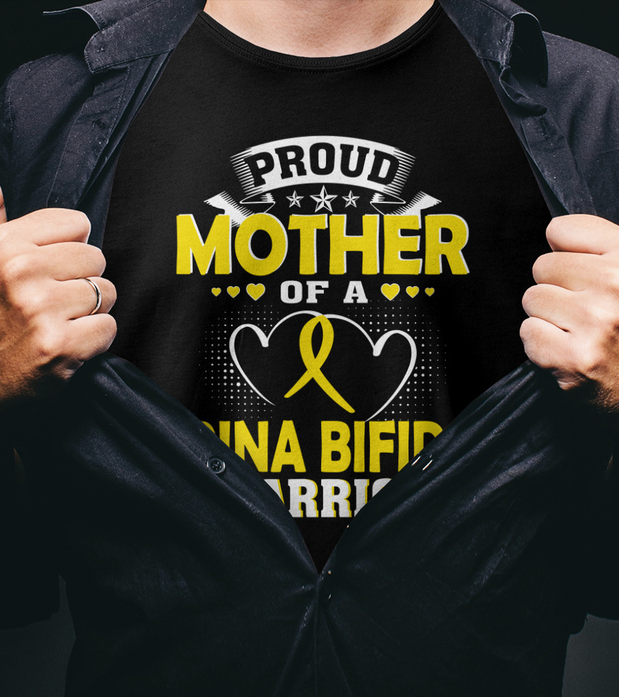 Proud Mother Of A Spina Bifida Warrior Yellow Ribbon Hearts Stars T-Shirt