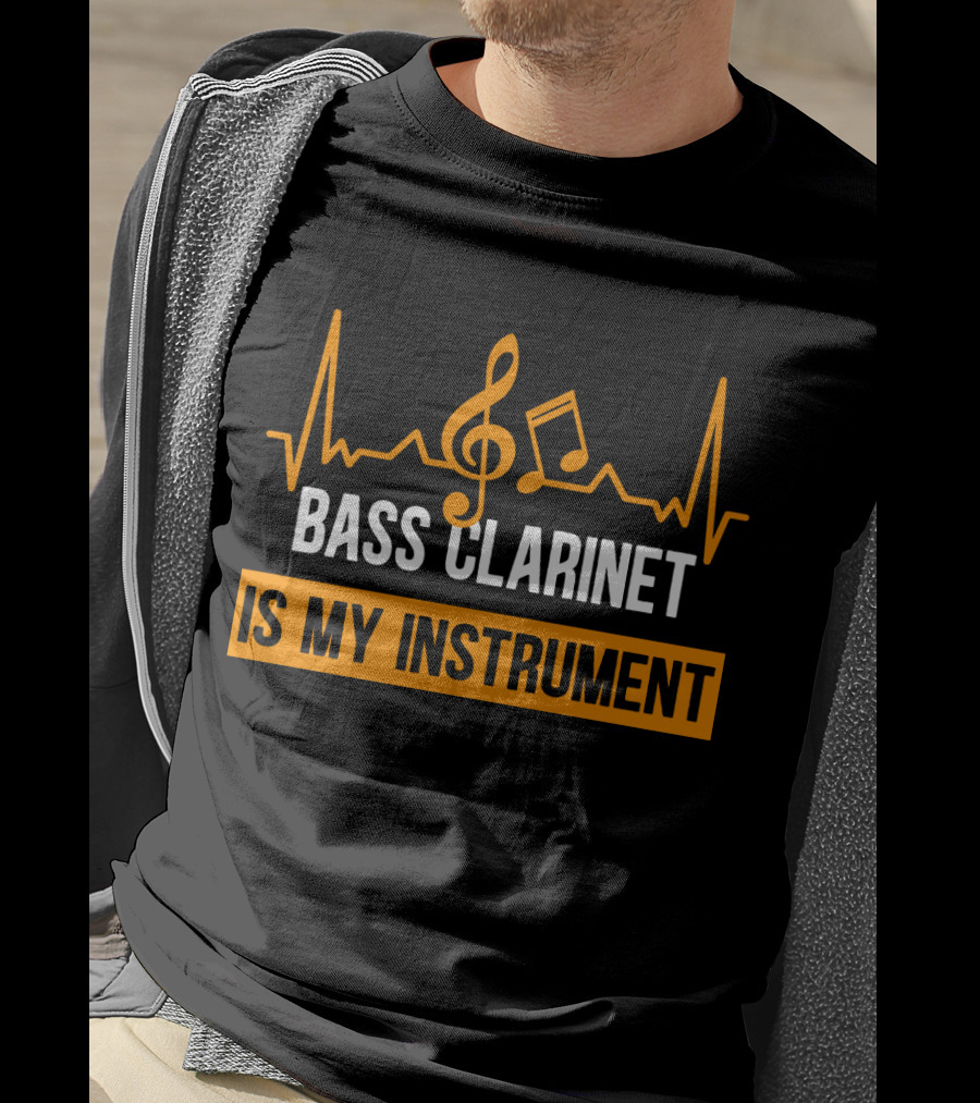 Bass Clarinet Is My Instrument With Musical Symbols And Heartbeat Lines T-Shirt