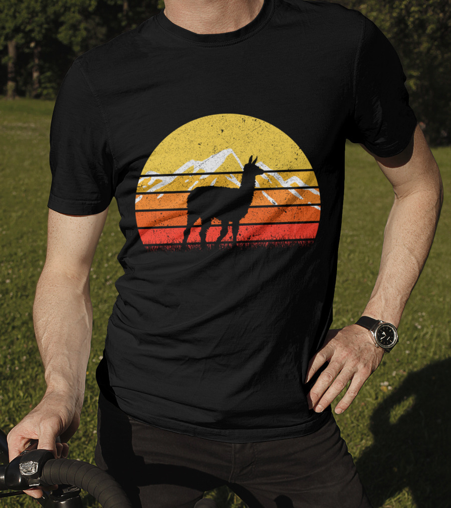Retro Vintage Alpaca Silhouette Sunset Mountain Scene T-Shirt