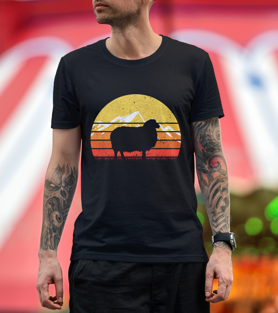 Retro Vintage Sheep Sunset with Mountains T-Shirt