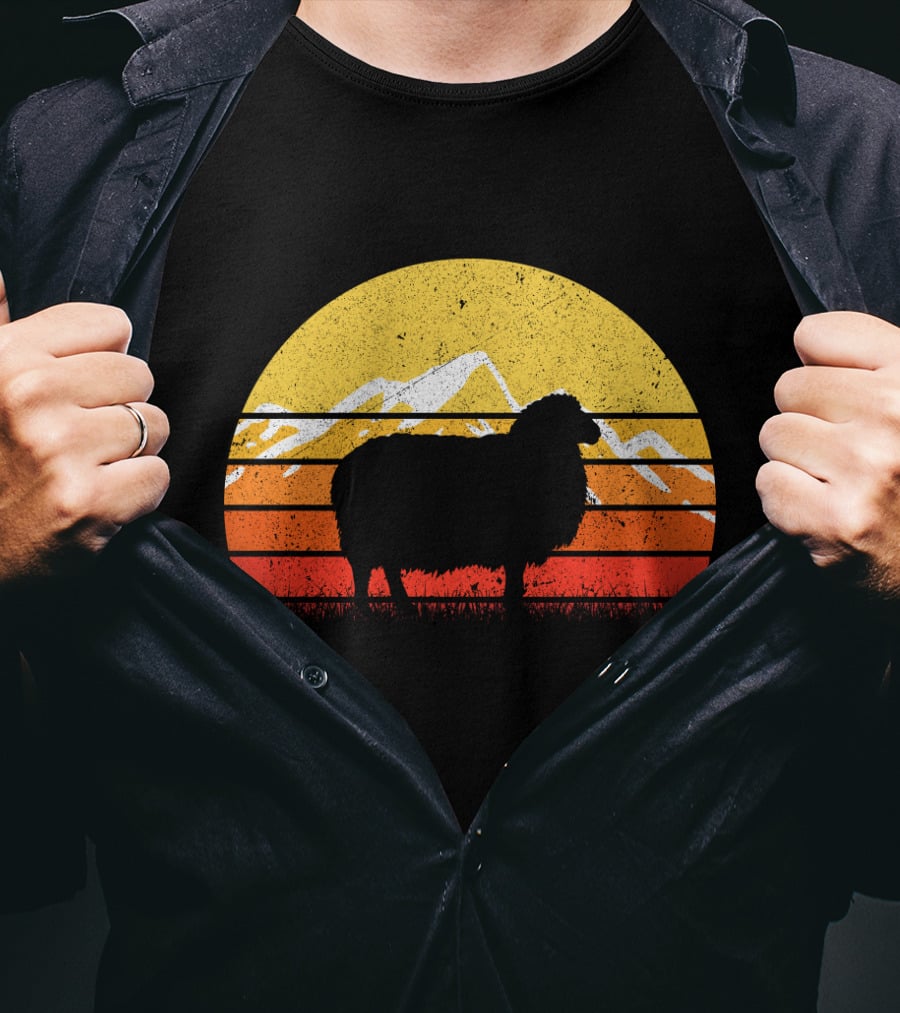 Retro Vintage Sheep Sunset With Mountains T-Shirt
