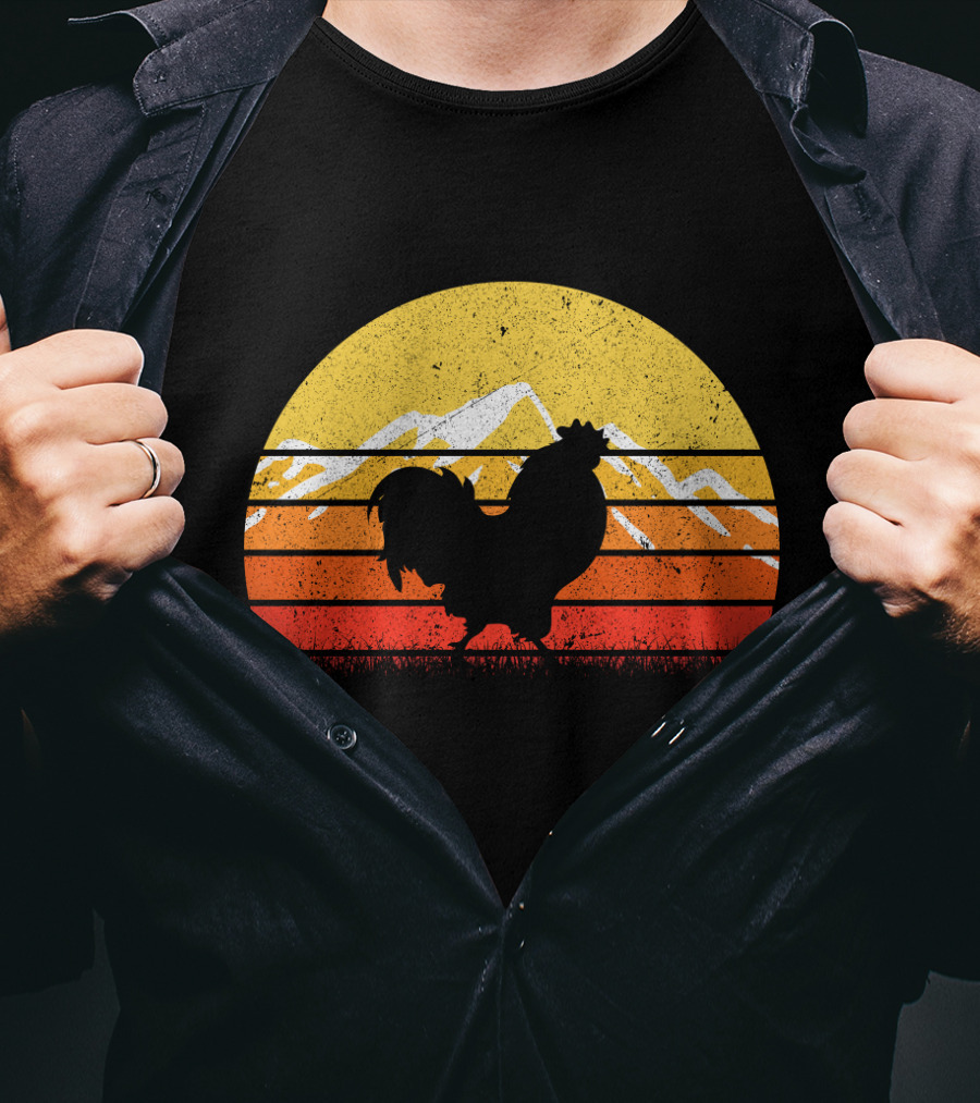 Retro Vintage Chicken Silhouette Sunset With Mountain Background T-Shirt