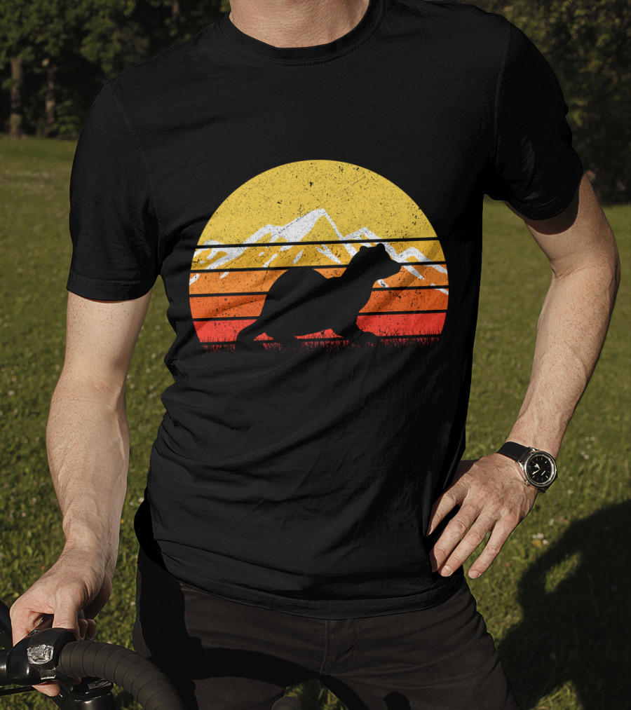 Retro Vintage Ferret Sunset Silhouette Mountain Stripes T-Shirt