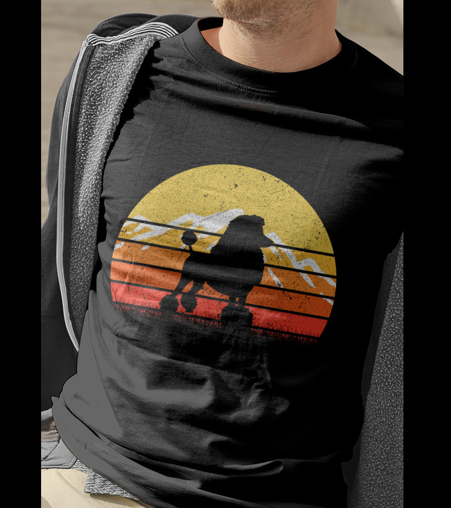Retro Vintage Poodle Dog Sunset Silhouette With Mountains And Stripes T-Shirt