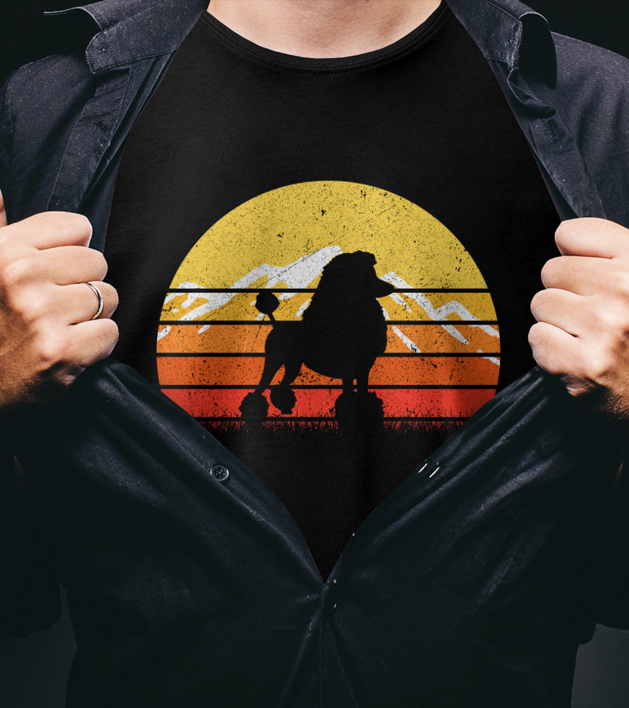 Retro Vintage Poodle Dog Sunset Silhouette With Mountains And Stripes T-Shirt