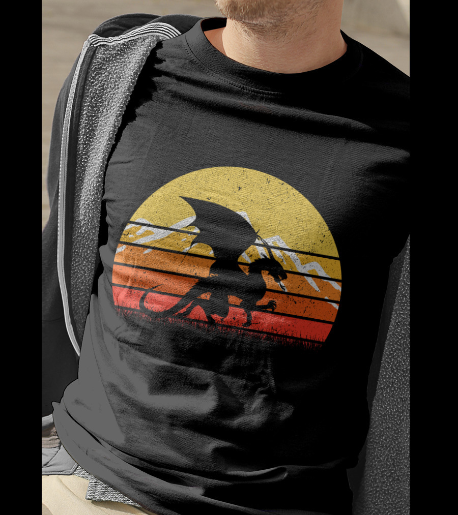 Retro Vintage Dragon With Silhouette And Sunset Mountains T-Shirt