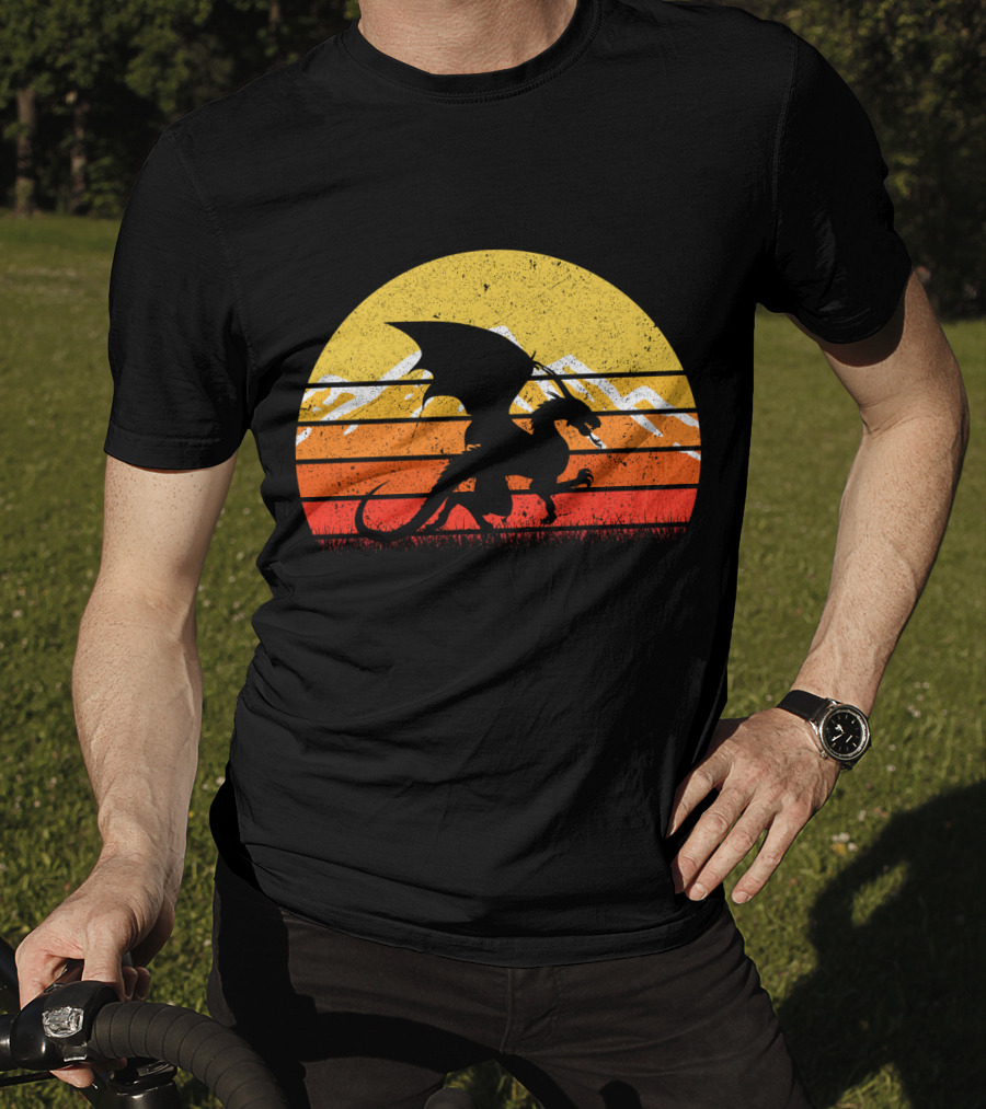 Retro Vintage Dragon With Silhouette And Sunset Mountains T-Shirt